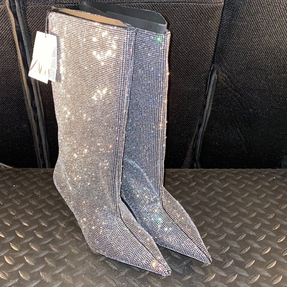 💎 Zara Heeled Sparkly Boots "Silver" NWT 💎 - Picture 5 of 17